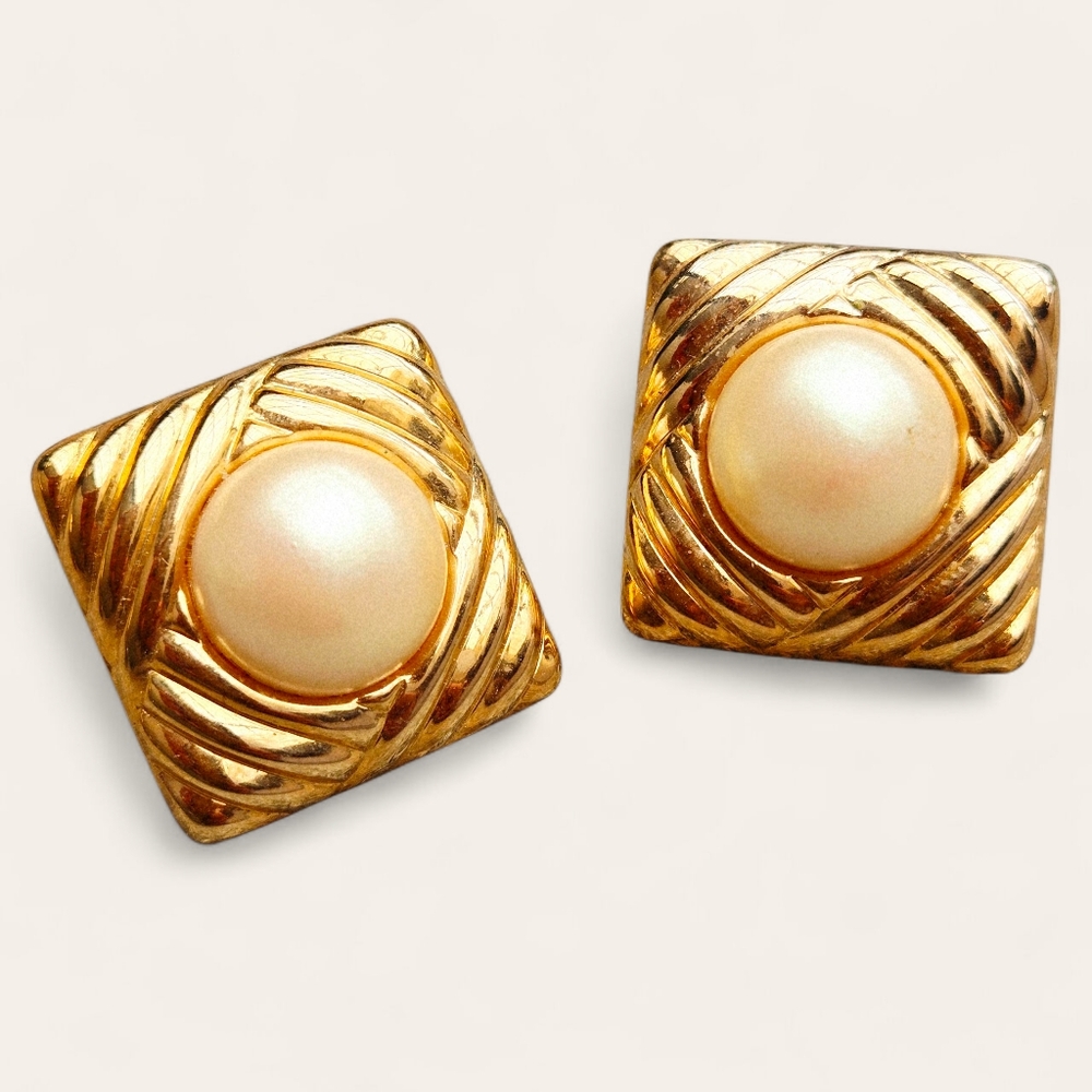 Vintage Square Posts Elegant Gold and Cream Earrings Faux Pearl